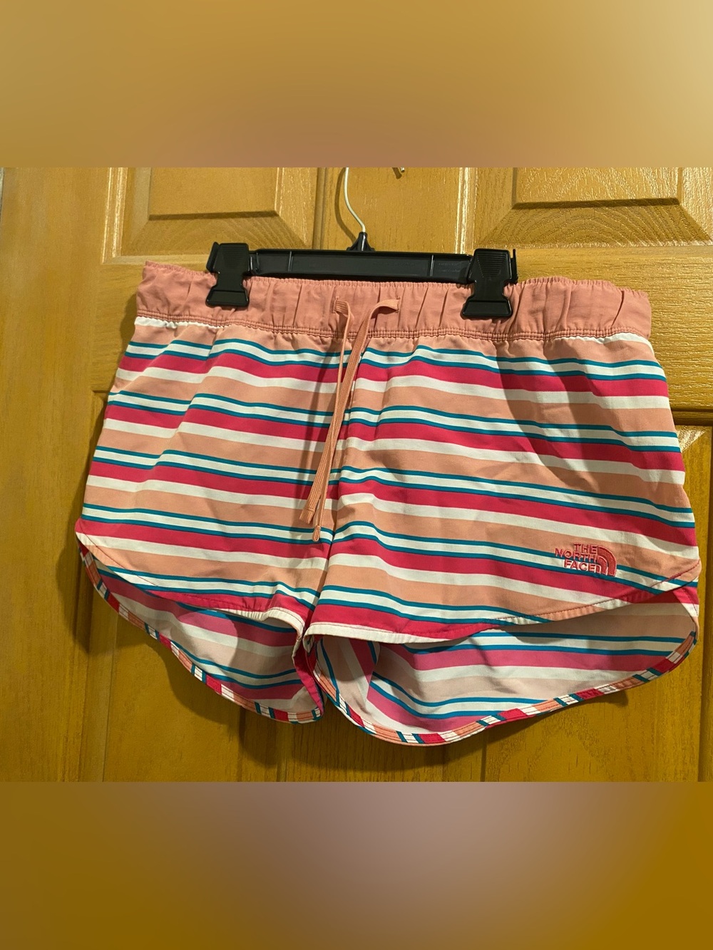 The North Face Pink and Teal Striped Running Shorts
